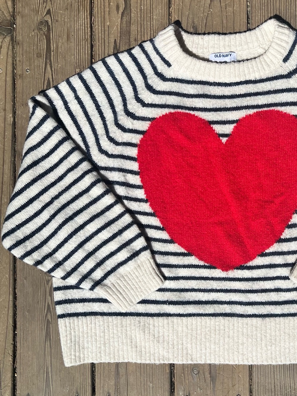 Old Navy cream red black striped large heart graphic cozy crew stretchy sweater